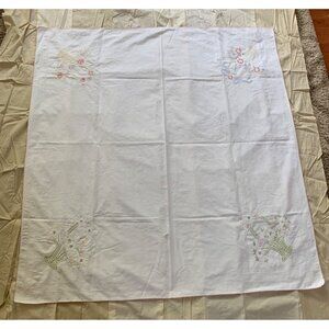 Vintage Embroidered Tablecloth with Floral Basket Design 50" x 53" White